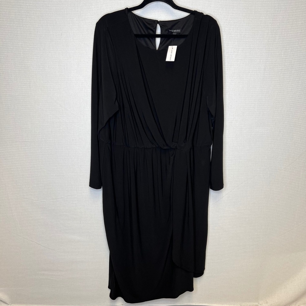 Lane Bryant Black Faux Wrap Faux Silk Long Sleeve Elastic Waist Midi Dress 26 28